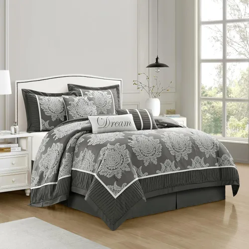 Miniatura 14 de Grand Avenue - Juego de edredón beige tamaño Queen, jacquard con juego de ropa de cama a juego de piezas sólidas, para todas las estaciones, faldón