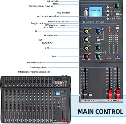 Miniatura 8 de Mezclador de audio de 12 canales, DT12 Studio, interfaz controladora de sonido para DJ, con unidad USB para entrada de grabación de computadora