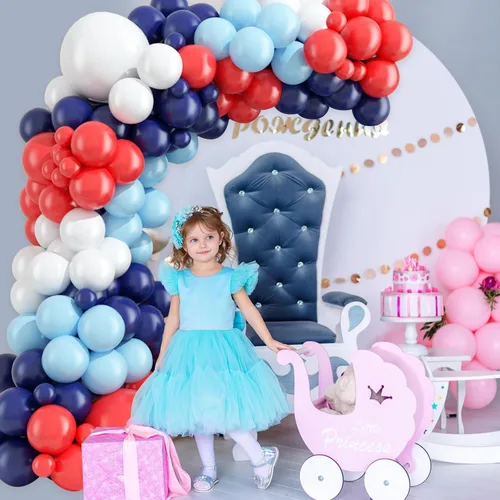 Miniatura 7 de Kit de arco de globos rojos, blancos y azules, globos de látex azul marino perla azul claro, rojo y blanco, guirnalda de globos de cumpleaños azul