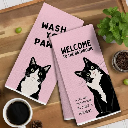Miniatura 4 de Divertidas toallas de mano de baño con esmoquin rosa, decoración de baño para gato, toallas de mano de gatito blanco y negro para baño, 16 x 24