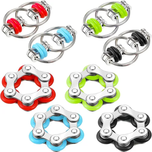 Hicarer El juego de 8 piezas de juguetes para ansiedad incluye 4 cadenas de rodillos flippy y 4 cadenas de bicicleta de seis rodillos, regalos para
