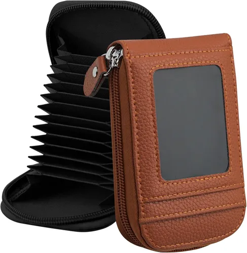Miniatura 5 de RFID mini organizador de tarjetas de crédito, cuero auténtico, billetera compacta con visor de identificación, S, Negro