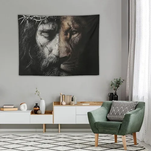 Miniatura 4 de JYOUQOC Tapiz de Jesús y el León para decoración de pared, arte de pared grande, telón de fondo para colgar para dormitorio, sala de estar