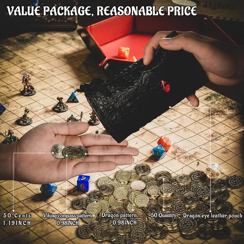 Miniatura 5 de CZYY - Monedas de metal de fantasía, 50 fichas de dragón de oro antiguo con bolsa Heavy Metal Feel, Dragon Front and Compass Back, Use for DND