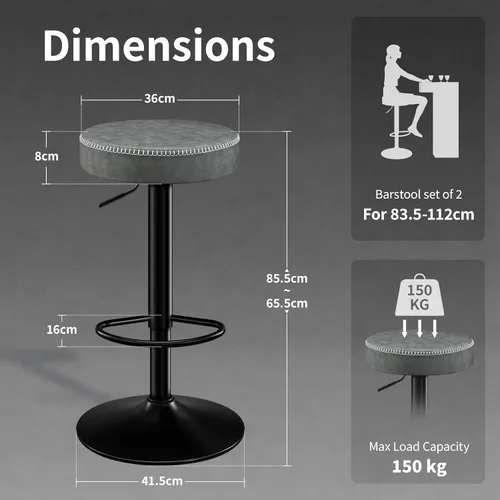 Miniatura 2 de STOOLINK Juego de 2 taburetes de bar ajustables sin respaldo de cocina con asiento redondo, taburetes de bar giratorios de 360° de altura de Gris