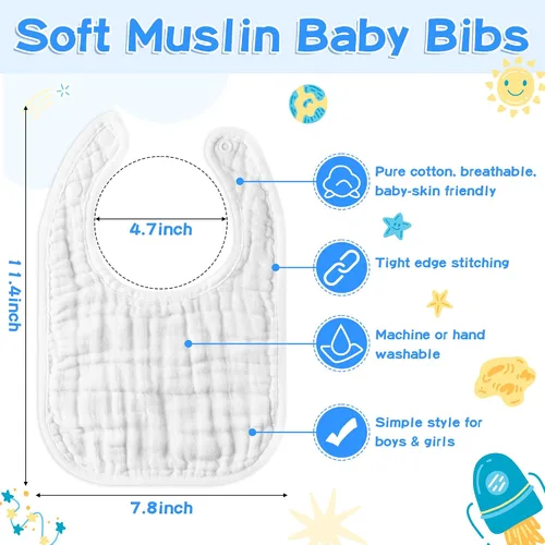 Miniatura 2 de Baberos de muselina para bebé, 8 unidades, algodón suave, ajustable, babero absorbente y transpirable, baberos de alimentación para dentición babeo