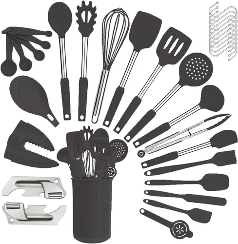 Miniatura 6 de Juego de utensilios de cocina de silicona con mango de acero inoxidable, juego de espátulas, juego de utensilios, juego de utensilios de cocina