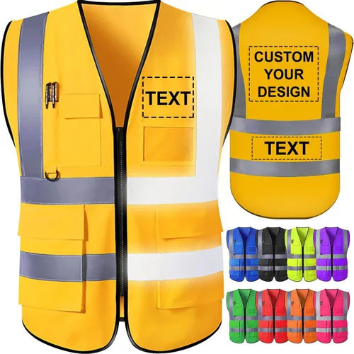 Chaleco de seguridad personalizado para hombre con bolsillos con logo, chalecos reflectantes de alta visibilidad para construcción, ropa de Oro