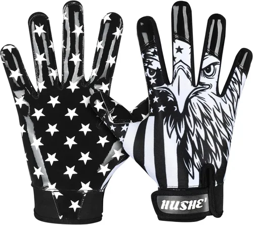 Hushe' Guantes de fútbol con bandera americana de silicona con agarre para jóvenes, guantes receptores de fútbol con bandera de EE. UU. Guantes