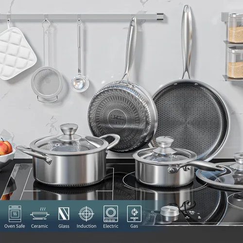 Miniatura 6 de AuFranc Juego de ollas y sartenes híbridas de acero inoxidable antiadherentes, juego de utensilios de cocina de inducción con tapas de vidrio