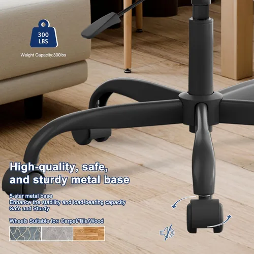 Miniatura 7 de Misolant Silla de tocador con respaldo, pequeña silla de oficina sin brazos con ruedas y soporte lumbar, cómodas sillas de escritorio de piel Negro