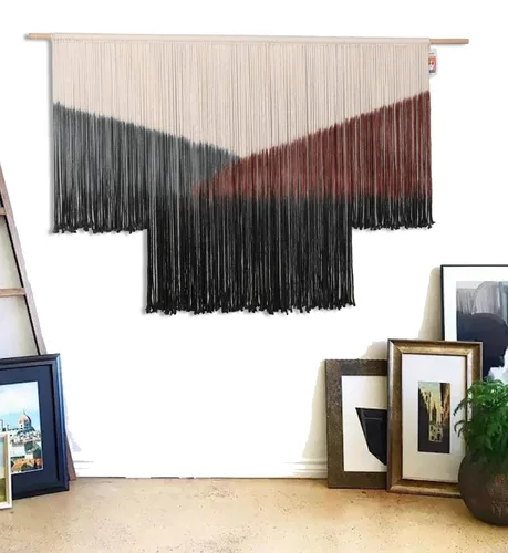 Miniatura 3 de Flber Tapiz de macramé para colgar en la pared, diseño geométrico de teñido anudado negro, decoración de pared bohemia para el hogar, 59 pulgadas