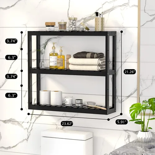 Miniatura 3 de Estante Domax de bambú para baño, 3 niveles de montaje en pared, multifuncional, capa ajustable, de pie, para colocar por encima del inodoro, Negro