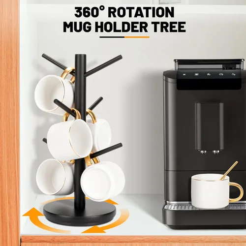 Miniatura 2 de MyLifeUNIT Árbol Portatarjetas, Soporte para Tazas Giratorias 360° con 6 Ganchos, Organizador de Soporte para Tazas de Café de Madera para Encimera