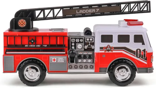 Mighty Fleet Camión de escalera de bomberos motorizado Mighty con luces y sonidos, escalera motorizada, escalera extensible, diseño realista y