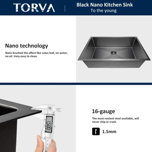 Miniatura 7 de TORVA - Fregadero de cocina de montaje bajo con revestimiento cerámico negro brillante de 25 x 18 pulgadas con NanoTek, fregadero de acero