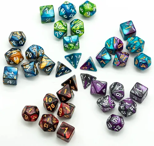 Miniatura 20 de 5 juegos de dados DND, juego de dados poliédricos (35 piezas) con bolsa de troquel de cuero, juego de troqueles D&D para juegos de mesa RPG