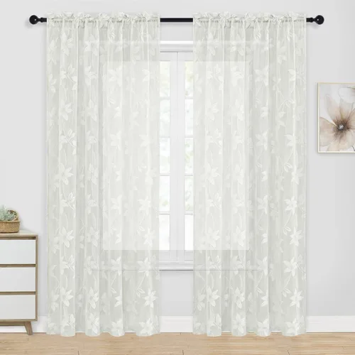 Miniatura 54 de DWCN Paquete de 2 cenefas de encaje floral para cocina, 52 x 18 pulgadas, con bolsillo para barra, cortina de gasa para ventana pequeña, cocina