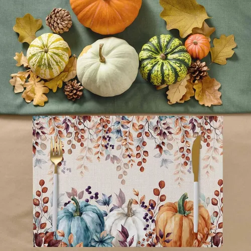 Miniatura 4 de Juego de 6 manteles individuales de otoño para Acción de Gracias, calabazas de acuarela y hojas de eucalipto, resistentes al calor, lavables
