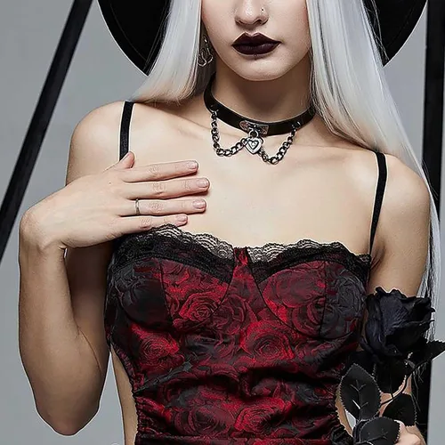 Miniatura 2 de Olbye Gargantilla de corazón con candado, collar corto de cuero negro, collar punk de poliuretano, collar de cosplay, cadena de eslabones gótico