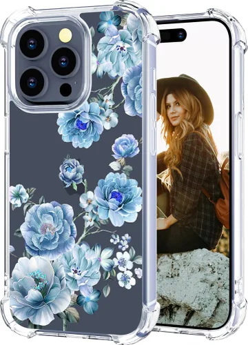 Miniatura 77 de Hungo Funda compatible con iPhone 15 Plus para mujer, diseño floral transparente, lindo, flor azul rosa Rosas Azules