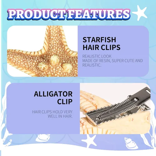 Miniatura 6 de YGDZ Pinza para el pelo de estrella de mar, 4 pinzas para el pelo de sirena de estrella de mar, 1 pieza con purpurina para el cuerpo de la cara