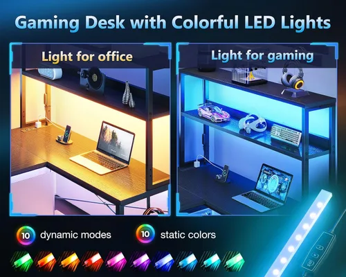 Miniatura 4 de Casaottima Escritorio para juegos de 61 pulgadas con tomas de corriente y luces LED, escritorio reversible en forma de L con estantes y bolsa