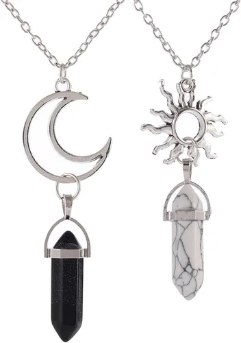 NIGHTCRUZ 2 collares de cristal de luna y sol, piedra natural, colgante de columna hexagonal, collar de bruja pagana, regalo para mujer, Zinc, No es