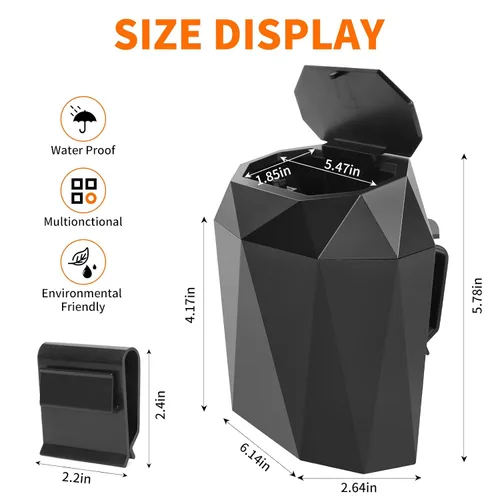 Miniatura 5 de Wontolf Mini cubo de basura para automóvil con tapa y 60 bolsas de basura, ABS diseño de diamante, organizador de automóvil, accesorios