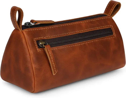 Miniatura 11 de Bolsa de maquillaje de cuero para mujer, bolsa de cosméticos de cuero genuino, bolsa de maquillaje hecha a mano con cremallera, bolsa de aseo Azul