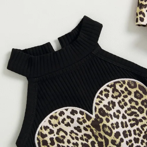 Miniatura 3 de Conjunto de ropa de verano para bebé recién nacida, sin mangas, con estampado de amor, volantes, pantalones cortos de leopardo, 3 piezas, diadema