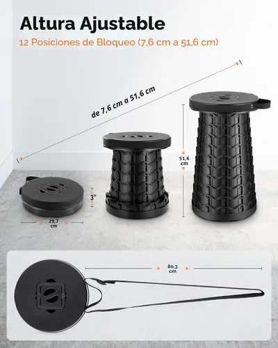 Miniatura 2 de Taburete Plegable Portátil de Servicio Pesado - Asiento Ancho, Extra Alto y Ajustable en Altura - Silla Plegable Retráctil para Camping, Pesca, Caza