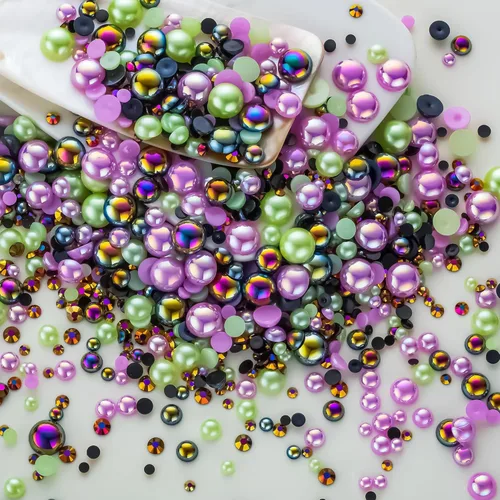 Miniatura 53 de 60g de Perlas Acuamarina Dorada con Diamantes de Imitación para Manualidades Tamaño Mixto 3mm-10mm Color AB Redondas Perlas Medias Planas Conjunto