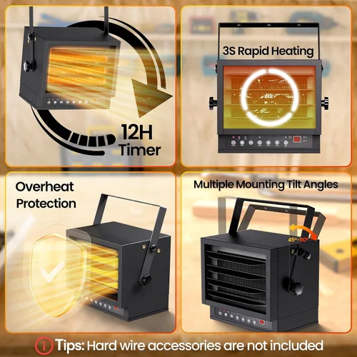 Miniatura 6 de Calentador eléctrico de garaje de 7500 W con control remoto, calentador de techo cableado de 240 V, calentadores de espacio de garaje con modo ECO