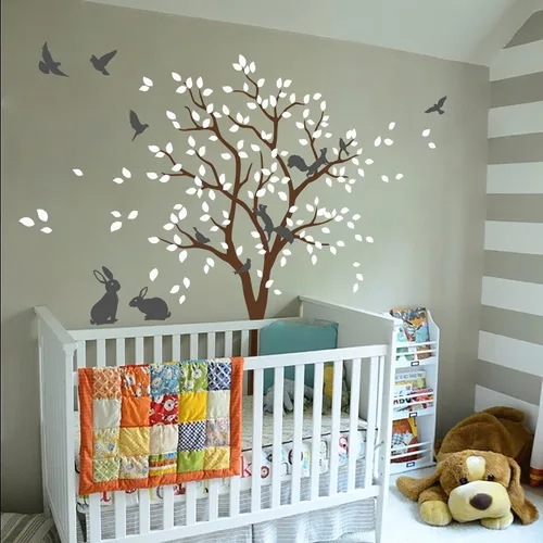 Miniatura 9 de Adhesivo decorativo de pared de árbol grande con pájaros, ardillas y conejos, conejos, decoración de guardería 095 (todo blanco)