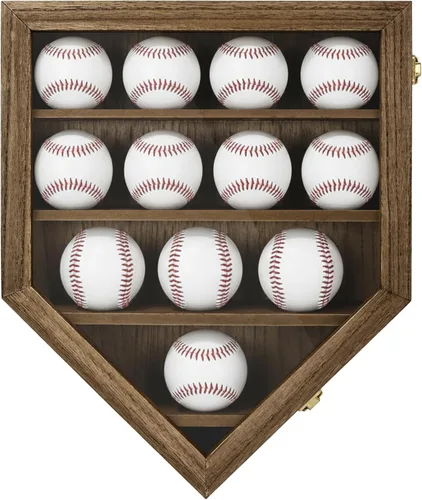 FramePro Estuche de exhibición de béisbol, caja de sombras, estante organizador de gabinete de pared para 12 bolas con puerta delantera de madera