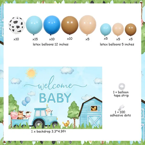 Miniatura 5 de Decoraciones de baby shower de animales de granja azules – Kit de arco de guirnalda de globos de animales de granja con fondo de bienvenida