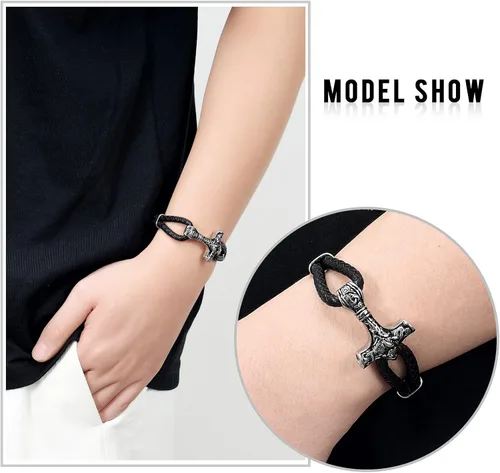 Miniatura 5 de constantlife Viking Thor's Hammer - Pulsera de cremación para cenizas para hombres, pulsera de cuero trenzado, brazalete conmemorativo de urna