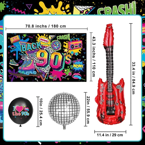 Miniatura 3 de Las decoraciones de fiesta de los años 90 incluyen telón de fondo de los años 90, globos de aluminio y látex, adornos para pasteles y cupcakes