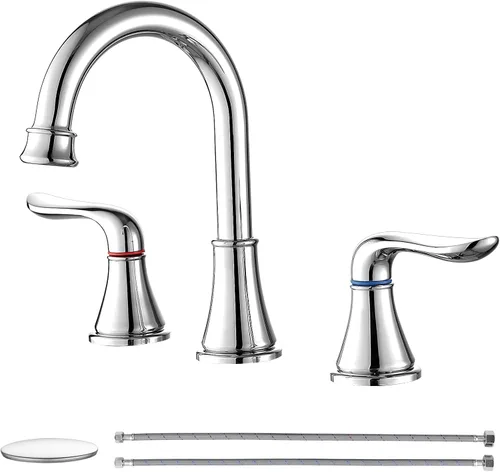 Miniatura 10 de GENBONS Grifos de baño para fregadero de 3 agujeros, 4 pulgadas, color negro mate con drenaje emergente y 2 mangueras de suministro, 2 manijas