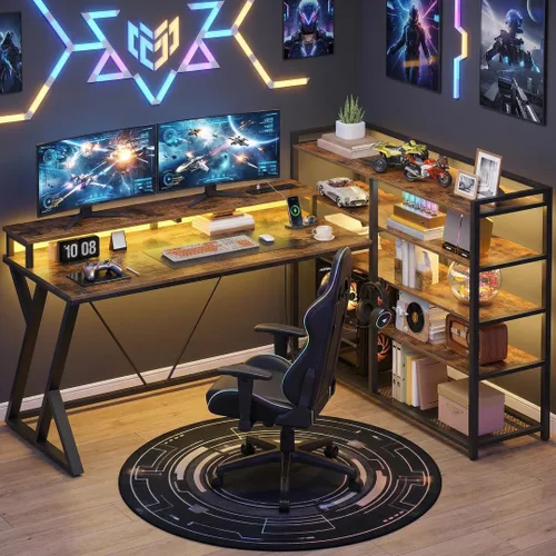 Miniatura 9 de RALGEND Escritorio para juegos en forma de L con estantería, escritorio reversible para computadora de 52 pulgadas con luz LED y toma de corriente