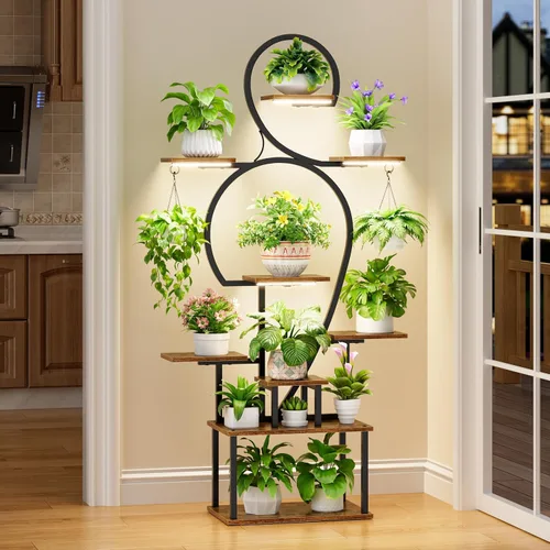 Miniatura 8 de POZILAN Soporte para plantas de interior con luces de crecimiento, estante de plantas de interior de 63 pulgadas de alto, soportes iluminados de 9