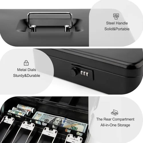 Miniatura 5 de Jssmst Caja grande de metal con cerradura con bandeja de dinero, caja de dinero con cerradura de combinación, color negro Cerradura de combinación