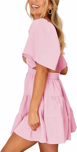 Miniatura 5 de Shy Velvet - Vestido de verano para mujeres, cuello cuadrado, mangas cortas, cintura cruzada, mini vestido de fiesta casual