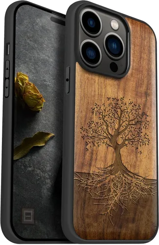 Miniatura 16 de Carveit Funda magnética de madera para iPhone 14 Pro, madera natural y TPU suave negro, funda protectora a prueba de golpes, funda de madera única