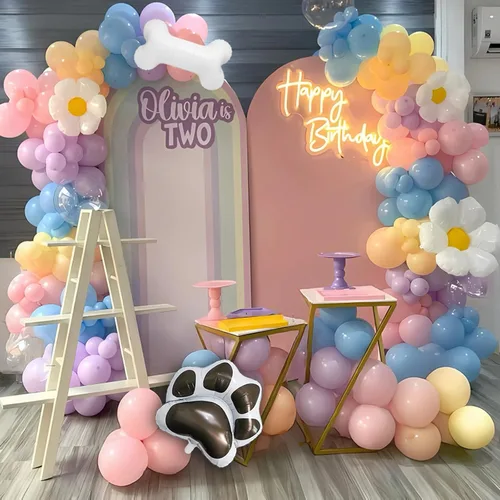 Miniatura 5 de Kit de arco de globos azules 140 piezas azul pastel rosa morado rubor globos con margarita hueso pata de perro globos de papel de aluminio