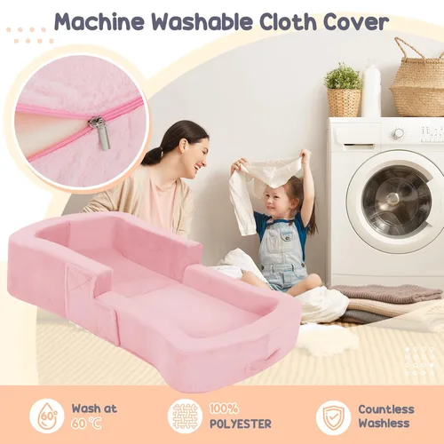 Miniatura 4 de whiffee Cama de viaje para niños pequeños, cama sofá silla portátil plegable 2 en 1, catre de piso suave para bebés y niños con fundas lavables, Rosa