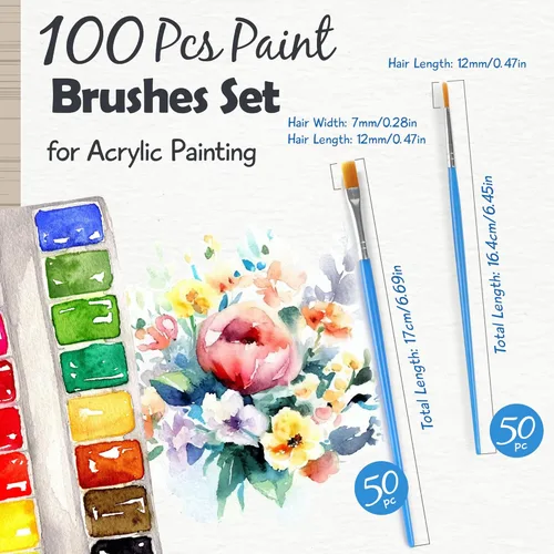 Miniatura 2 de Halobios Juego de 100 pinceles de pintura para pintura acrílica, 50 piezas planas y 50 pinceles redondos, pinceles de pintura para niños y adultos