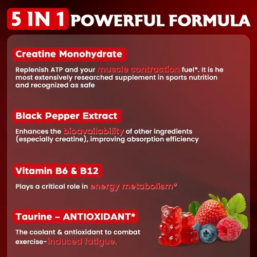 Miniatura 6 de Gomitas de monohidrato de creatina para mujeres y hombres, taurina y B6, gomitas masticables de creatina preentrenamiento para máxima fuerza