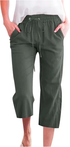 Miniatura 32 de Ceboyel Pantalones capri para mujer para verano, cintura elástica, pantalones de yoga, con cordón, pantalones de lino, pantalones de entrenamiento
